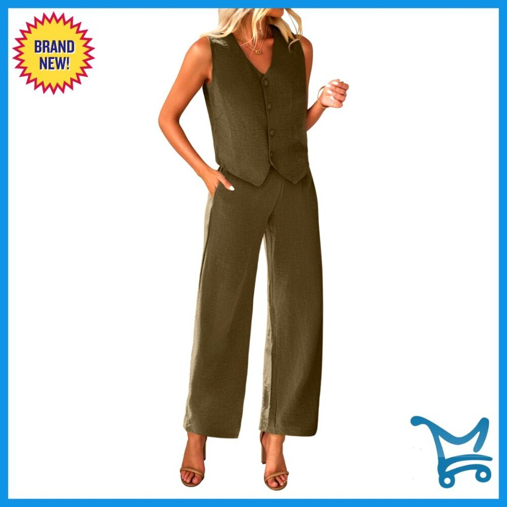 Two Piece Suit Set V Neck Crop Vest Blazer Wide Leg Pants Elegant Chic